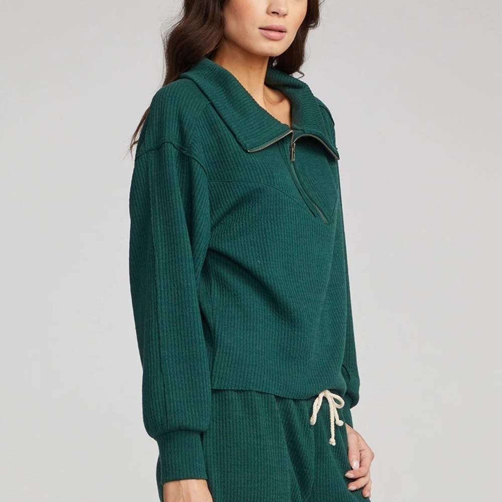 Saltwater Luxe 1/2-Zip Half zip Pullover Juniper green raw edge The Ribbed cozy - Picture 4 of 16